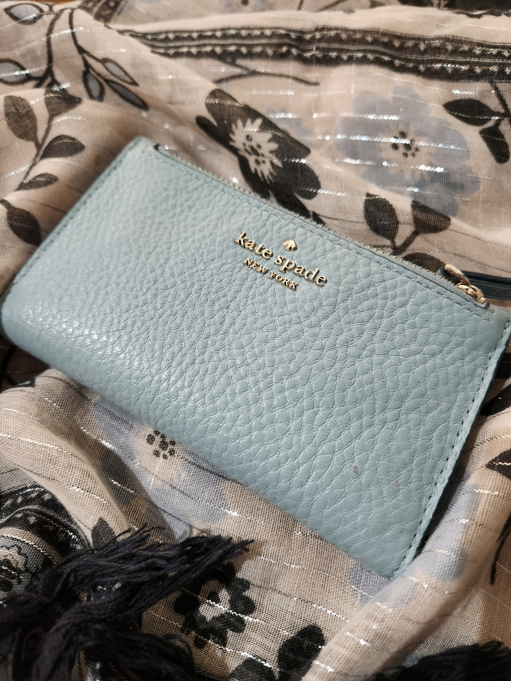 kate spade Light Blue Pebbled Leather Zip Wallet with Gold Logo